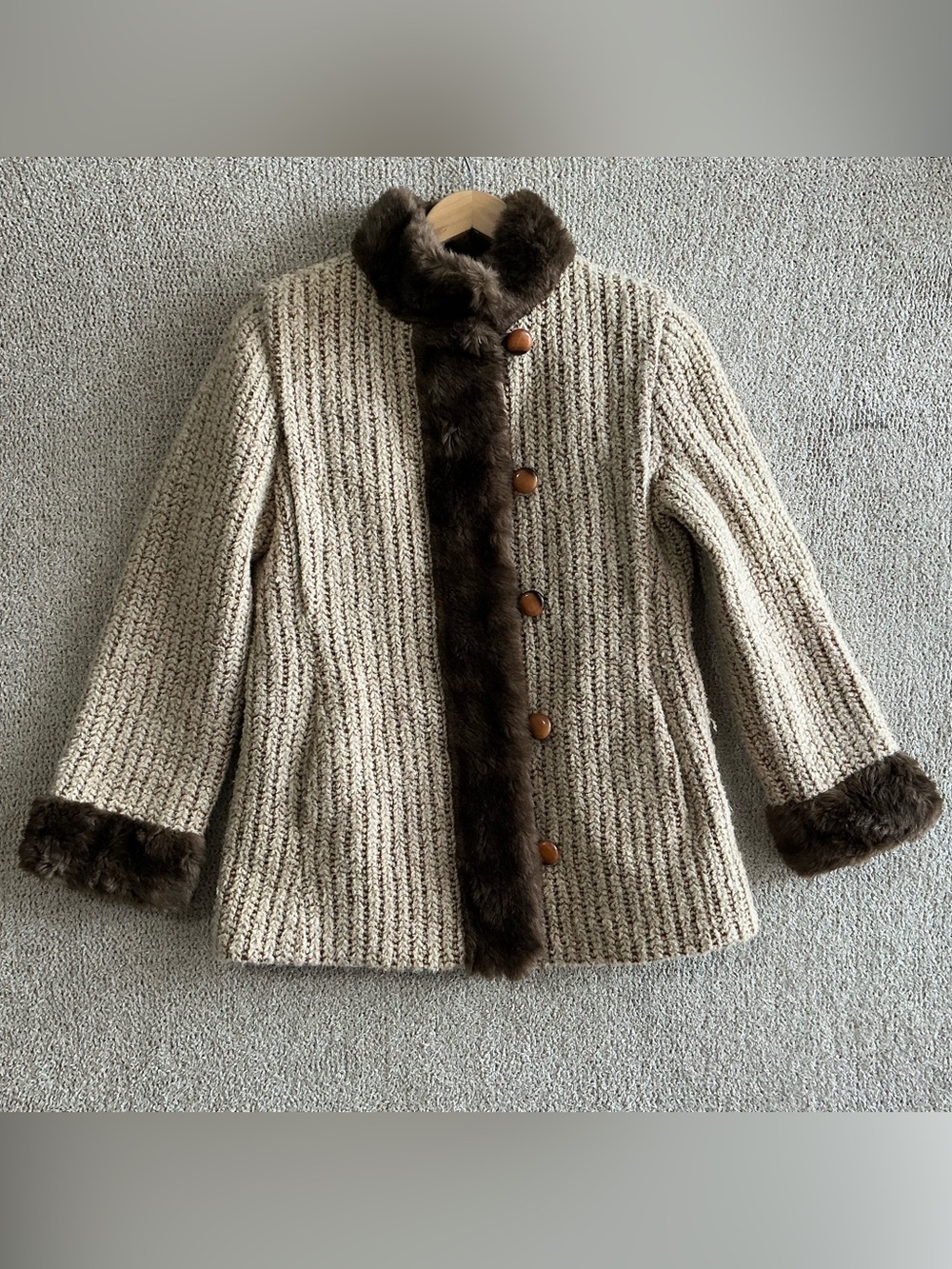 Vintage 60s 70s Country Pacer Knit Coat Tissavel Faux Fur Trim Women’s Size 8